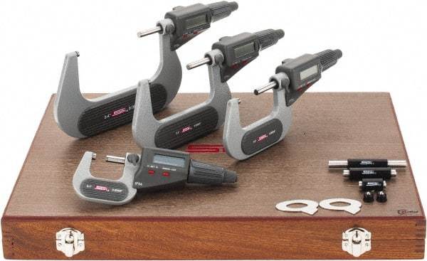 SPI - 0 to 4" Range, 0.001mm Resolution, IP54, 4 Piece Electronic Outside Micrometer Sets - 0.002, 0.003mm Accuracy, Friction Thimble, Carbide Tipped Measuring Face - Exact Tool & Supply