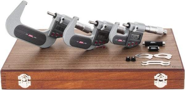 SPI - 0 to 3" Range, 0.001mm Resolution, IP65, 3 Piece Electronic Outside Micrometer Sets - 0.002mm Accuracy, Ratchet Stop Thimble, Carbide Tipped Measuring Face - Exact Tool & Supply