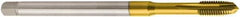 Seco - M4x0.70 Metric, 3 Flute, TiN Finish, Cobalt Spiral Point Tap - Plug Chamfer, Right Hand Thread, 112mm OAL, 0.4724" Thread Length, 4.5mm Shank Diam, 6H Class of Fit - Exact Tool & Supply