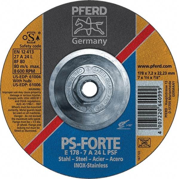 PFERD - 46 Grit, 7" Wheel Diam, 1/4" Wheel Thickness, Type 27 Depressed Center Wheel - Aluminum Oxide - Exact Tool & Supply