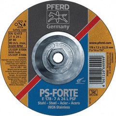 PFERD - 46 Grit, 7" Wheel Diam, 1/4" Wheel Thickness, Type 27 Depressed Center Wheel - Aluminum Oxide - Exact Tool & Supply