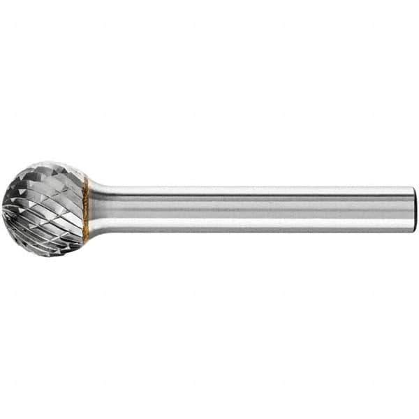 PFERD - 1/2" Cut Diam, 1/4" Shank Diam, Ball Head Double Cut Burr - Carbide, Radius End, 7/16" LOC, 2-3/16" OAL - Exact Tool & Supply