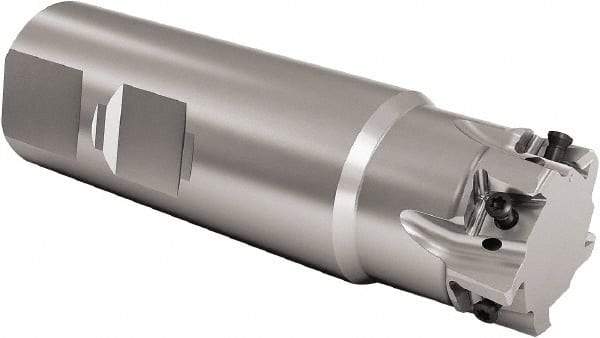 Seco - 1-1/4" Cut Diam, 8mm Max Depth of Cut, 1-1/4" Shank Diam, 4-1/2" OAL, Indexable Square Shoulder End Mill - LOEX Inserts, Weldon Shank, 90° Lead Angle, Through Coolant, Series Square T4-08 - Exact Tool & Supply