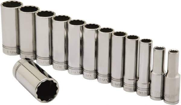 Ability One - 1/2" Drive Deep Well Socket Set - 12 Points, 3/8" to 1-1/8" Range, Inch Measurement Standard - Exact Tool & Supply