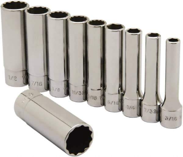 Ability One - 1/4" Drive Deep Well Socket Set - 6, 12 Points, 3/16" to 9/16" Range, Inch Measurement Standard - Exact Tool & Supply