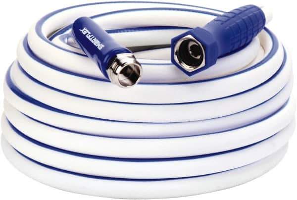 Legacy - 50' Long Marine/RV Hose - 5/8" Diam, 3/4" GHT, Hi-Tec Polymer, 150 psi, All Season, White with Blue Stripe - Exact Tool & Supply