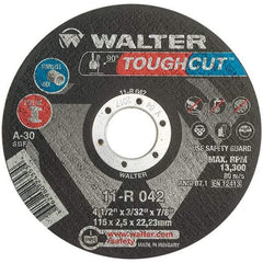 WALTER Surface Technologies - 4-1/2" 30 Grit Aluminum Oxide Cutoff Wheel - 3/32" Thick, 7/8" Arbor, 13,300 Max RPM, Use with Angle Grinders - Exact Tool & Supply