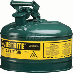 Justrite - Safety Dispensing Cans; Capacity: 2.5 Gal ; Material: Steel ; Color: Green ; Height (Decimal Inch): 11.500000 ; Diameter/Length (mm): 11.75 ; Approval Listing/Regulations: FM Approved; UL; ULC; TUV - Exact Tool & Supply