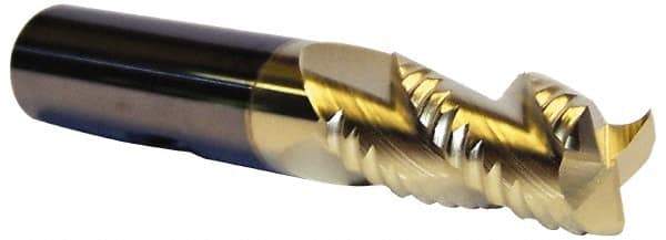 Accupro - 1/2" Diam, Coarse Pitch, 1-1/4" LOC, 3 Flute Solid Carbide 0.06" Corner Radius Roughing End Mill - ZrN Finish, 3" OAL, 1/2" Shank Diam, Single End, Centercutting, 30° Helix - Exact Tool & Supply