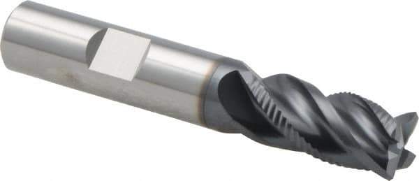 Iscar - 1/2" Diam, 1" LOC, 4 Flute Solid Carbide Roughing & Finishing Corner Chamfer End Mill - TiAlN Finish, 3" OAL, 1/2" Shank Diam, Weldon Shank, 38° Helix, Centercutting, Regular Length - Exact Tool & Supply