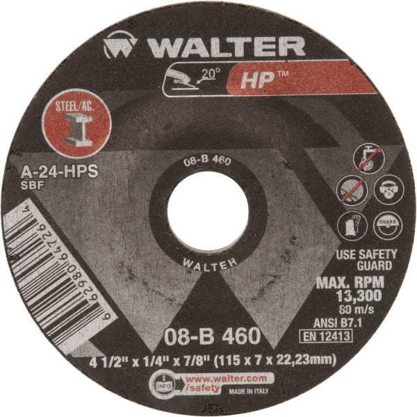 WALTER Surface Technologies - 24 Grit, 4-1/2" Wheel Diam, 1/4" Wheel Thickness, 7/8" Arbor Hole, Type 27 Depressed Center Wheel - Aluminum Oxide, 13,300 Max RPM - Exact Tool & Supply