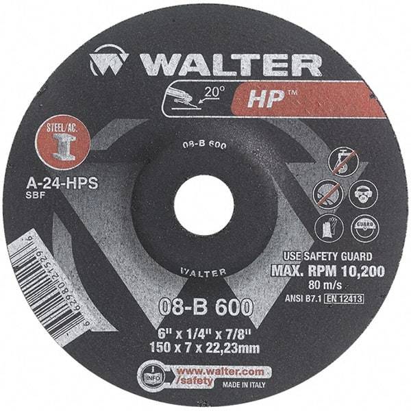 WALTER Surface Technologies - 24 Grit, 6" Wheel Diam, 1/4" Wheel Thickness, 7/8" Arbor Hole, Type 27 Depressed Center Wheel - Aluminum Oxide, Resinoid Bond, 10,200 Max RPM - Exact Tool & Supply