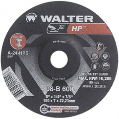 WALTER Surface Technologies - 24 Grit, 6" Wheel Diam, 1/4" Wheel Thickness, 7/8" Arbor Hole, Type 27 Depressed Center Wheel - Aluminum Oxide, Resinoid Bond, 10,200 Max RPM - Exact Tool & Supply