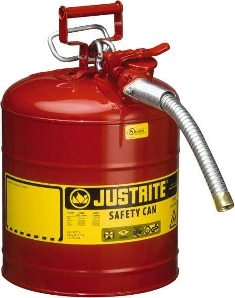 Justrite - 5 Gal Galvanized Steel Type II Safety Can - 17-1/2" High x 11-3/4" Diam, Red with Yellow - Exact Tool & Supply