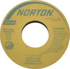 Norton - 7" Diam x 1-1/4" Hole x 1/2" Thick, L Hardness, 80 Grit Surface Grinding Wheel - Aluminum Oxide, Type 1, Medium Grade, 3,600 Max RPM, Vitrified Bond, No Recess - Exact Tool & Supply