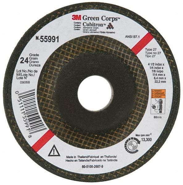 3M - 24 Grit, 4-1/2" Wheel Diam, 1/4" Wheel Thickness, 7/8" Arbor Hole, Type 27 Depressed Center Wheel - Ceramic, 13,300 Max RPM, Compatible with Angle Grinder - Exact Tool & Supply