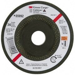 3M - 36 Grit, 4-1/2" Wheel Diam, 1/4" Wheel Thickness, 7/8" Arbor Hole, Type 27 Depressed Center Wheel - Ceramic, 13,300 Max RPM, Compatible with Angle Grinder - Exact Tool & Supply