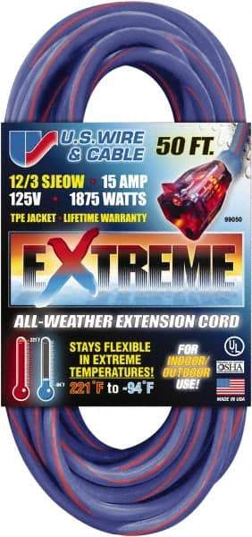 Value Collection - 50', 12/3 Gauge/Conductors, Blue/Pink Indoor & Outdoor Extension Cord - 1 Receptacle, 15 Amps, 125 Volts, UL SJEOW, NEMA 5-15P - Exact Tool & Supply