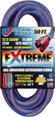 Value Collection - 50', 12/3 Gauge/Conductors, Blue/Pink Indoor & Outdoor Extension Cord - 1 Receptacle, 15 Amps, 125 Volts, UL SJEOW, NEMA 5-15P - Exact Tool & Supply