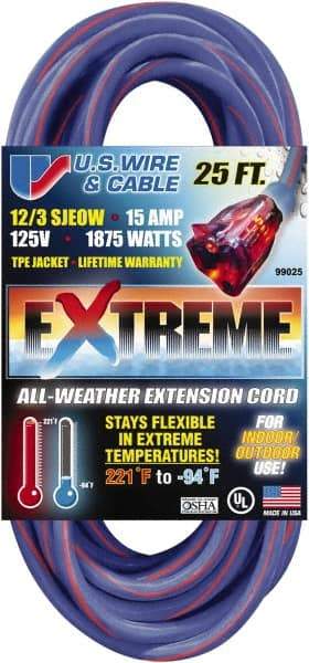 Value Collection - 25', 12/3 Gauge/Conductors, Blue/Pink Indoor & Outdoor Extension Cord - 1 Receptacle, 15 Amps, 125 Volts, UL SJEOW, NEMA 5-15P - Exact Tool & Supply