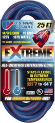 Value Collection - 25', 14/3 Gauge/Conductors, Blue/Pink Indoor & Outdoor Extension Cord - 1 Receptacle, 15 Amps, 125 Volts, UL SJEOW, NEMA 5-15P - Exact Tool & Supply