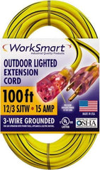 Value Collection - 100', 12/3 Gauge/Conductors, Yellow/Black Outdoor Extension Cord - 1 Receptacle, 15 Amps, UL SJTW, NEMA 5-15P - Exact Tool & Supply