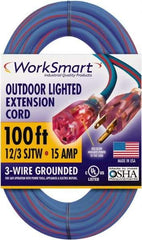 Value Collection - 100', 12/3 Gauge/Conductors, Blue/Red Outdoor Extension Cord - 1 Receptacle, 15 Amps, UL SJTW, NEMA 5-15P - Exact Tool & Supply