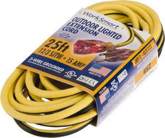Value Collection - 25', 12/3 Gauge/Conductors, Yellow/Black Outdoor Extension Cord - 1 Receptacle, 15 Amps, UL SJTW, NEMA 5-15P - Exact Tool & Supply