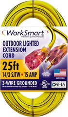 Value Collection - 25', 14/3 Gauge/Conductors, Yellow/Black Outdoor Extension Cord - 1 Receptacle, 15 Amps, UL SJTW, NEMA 5-15P - Exact Tool & Supply