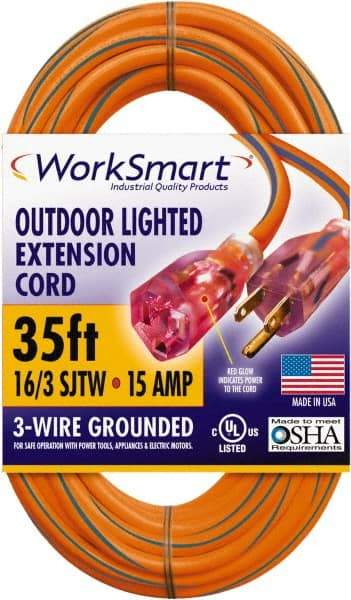 Value Collection - 35', 16/3 Gauge/Conductors, Orange/Blue Outdoor Extension Cord - 1 Receptacle, 15 Amps, UL SJTW, NEMA 5-15P - Exact Tool & Supply