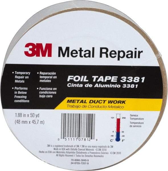 3M - 2" x 50 Yds Silver Foil Tape - 2.7 mil, Acrylic Adhesive, Aluminum Foil Backing, 10 Lb/ln Tensile Strength, -30°F to 260°F, Series 3381 - Exact Tool & Supply