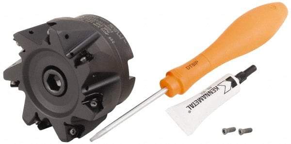 Kennametal - 7 Inserts, 3.1492" Cutter Diam, 0.059" Max Depth of Cut, Indexable High-Feed Face Mill - 1.064" Arbor Hole Diam, 1.969" High, KF2X Toolholder, WOEJ 0905.. Inserts, Series KenFeed 2X - Exact Tool & Supply