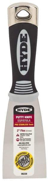 Hyde Tools - 2" Wide Stainless Steel Putty Knife - Flexible, Cushioned Grip Polypropylene Handle, 8" OAL - Exact Tool & Supply