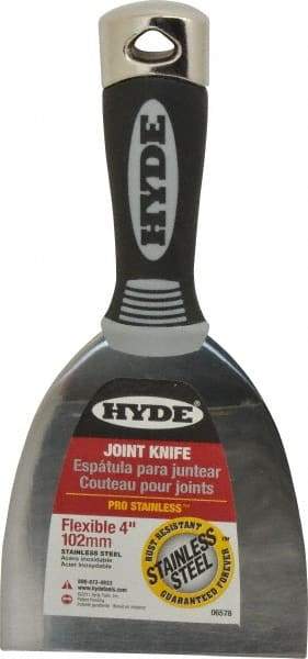 Hyde Tools - 4" Wide Stainless Steel Putty Knife - Flexible, Cushioned Grip / Hammerhead Polypropylene Handle, 8" OAL - Exact Tool & Supply