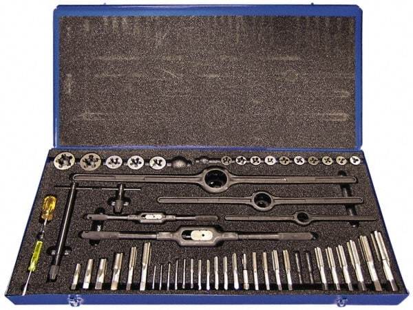 Cle-Line - 1/8-27 to M18x1.50 Tap, 1/4-20 to 1/2-20 Die, NPT, UNC, UNF, Tap and Die Set - Plug Taps, Adjustable, 52 Piece Set - Exact Tool & Supply