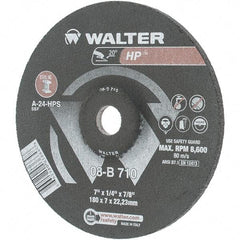 Value Collection - 24 Grit, 7" Wheel Diam, 1/4" Wheel Thickness, 7/8" Arbor Hole, Type 27 Depressed Center Wheel - Aluminum Oxide, Resinoid Bond, 8,600 Max RPM - Exact Tool & Supply