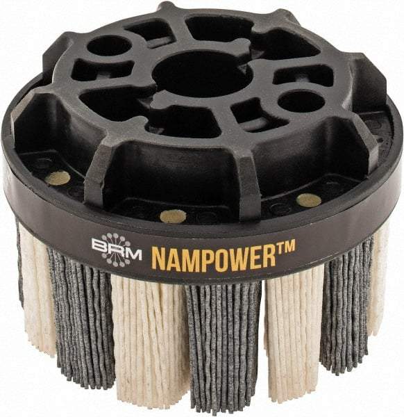 Brush Research Mfg. - 4" 120 Grit Ceramic/Silicon Carbide Tapered Disc Brush - Medium Grade, CNC Adapter Connector, 1.38" Trim Length, 7/8" Arbor Hole - Exact Tool & Supply