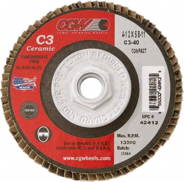 Camel Grinding Wheels - 36 Grit, 7" Disc Diam, 5/8-11 Center Hole, Type 29 Ceramic Flap Disc - 8,600 Max RPM, Polyester Backing, Arbor Attaching System, Coated - Exact Tool & Supply