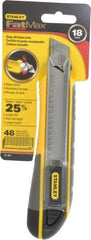 Stanley - Snap Utility Knife - 4-3/8" Blade, Yellow, Silver & Black TPE Handle, 6 Blades Included - Exact Tool & Supply