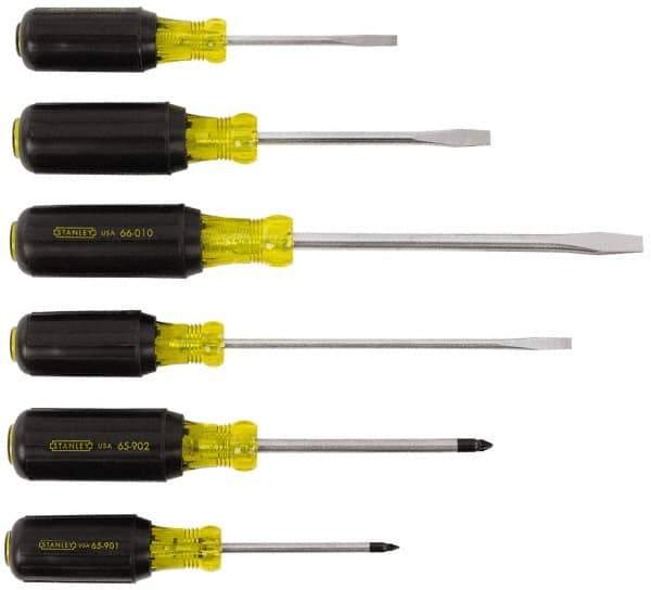 Stanley - 6 Piece Cabinet, Phillips & Slotted Screwdriver Set - Blade Sizes: Length 3, 4 & 6, Width 1/4, 5/16 & 3/16, Bit Sizes: Philips #1 to #2 - Exact Tool & Supply