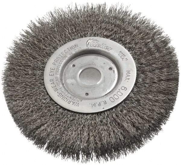 Weiler - 6" OD, 3/4" Arbor Hole, Crimped Steel Wheel Brush - 1/2" Face Width, 1-7/16" Trim Length, 0.0118" Filament Diam, 6,000 RPM - Exact Tool & Supply