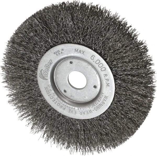 Weiler - 6" OD, 3/4" Arbor Hole, Crimped Wheel Brush - 1/2" Face Width, 1-7/16" Trim Length, 0.014" Filament Diam, 6,000 RPM - Exact Tool & Supply