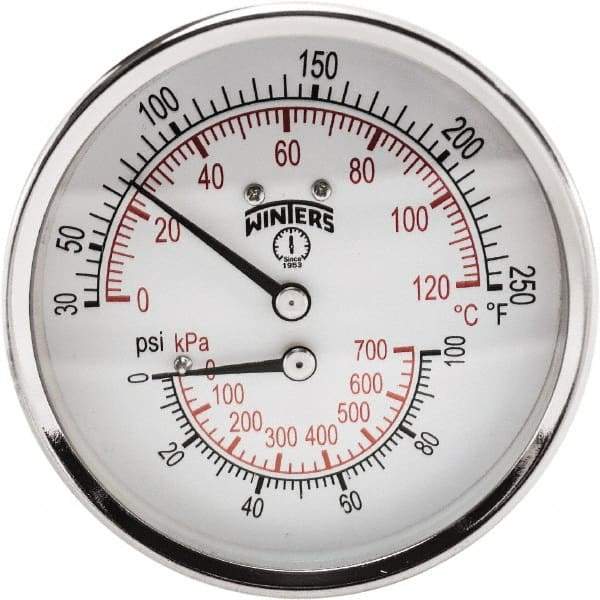 Winters - 3" Dial, 1/2 Thread, 0-100 Scale Range, Pressure Gauge - Center Back Connection Mount, Accurate to 0.03% of Scale - Exact Tool & Supply