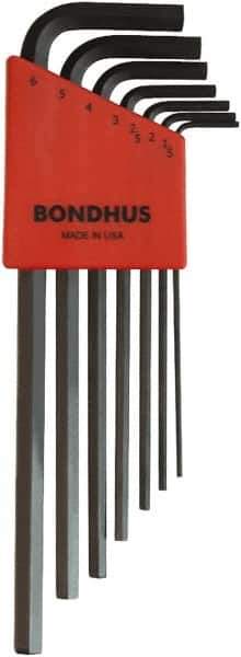 Bondhus - 7 Piece L-Key Ball End Hex Key Set - Hex Range 1.5 to 6mm, 8-3/4" OAL, Protanium High Torque Steel - Exact Tool & Supply
