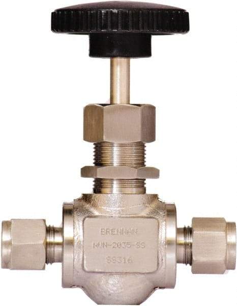 Brennan - 3/8" Pipe, Straight Needle Valve - PTFE Seal, Tube Ends, Stainless Steel Valve, 6,000 Max psi - Exact Tool & Supply