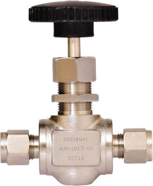Brennan - 3/8" Pipe, Straight Needle Valve - PTFE Seal, Tube Ends, Stainless Steel Valve, 6,000 Max psi - Exact Tool & Supply