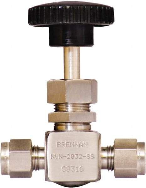 Brennan - 1/4" Pipe, Straight Needle Valve - PTFE Seal, Tube Ends, Stainless Steel Valve, 6,000 Max psi - Exact Tool & Supply