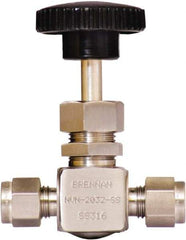 Brennan - 1/4" Pipe, Straight Needle Valve - PTFE Seal, Tube Ends, Stainless Steel Valve, 6,000 Max psi - Exact Tool & Supply