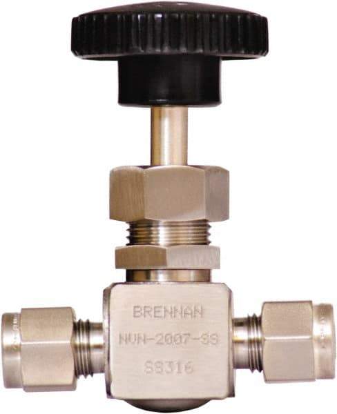 Brennan - 1/4" Pipe, Straight Needle Valve - PTFE Seal, Tube Ends, Stainless Steel Valve, 6,000 Max psi - Exact Tool & Supply