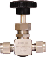 Brennan - 1/4" Pipe, Straight Needle Valve - PTFE Seal, Tube Ends, Stainless Steel Valve, 6,000 Max psi - Exact Tool & Supply